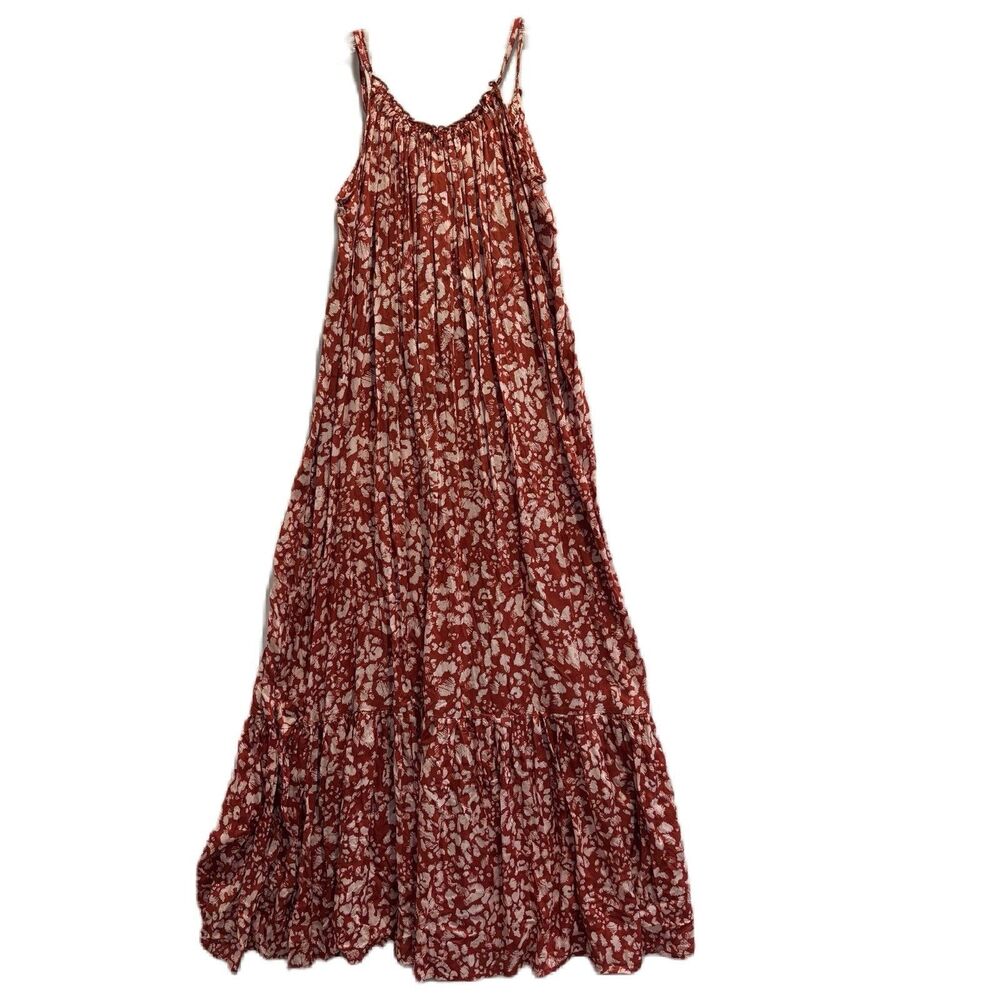 Anthropologie Women's Maxi Halter Ruffle Dress Rust Geometric Size XS Beach Boho